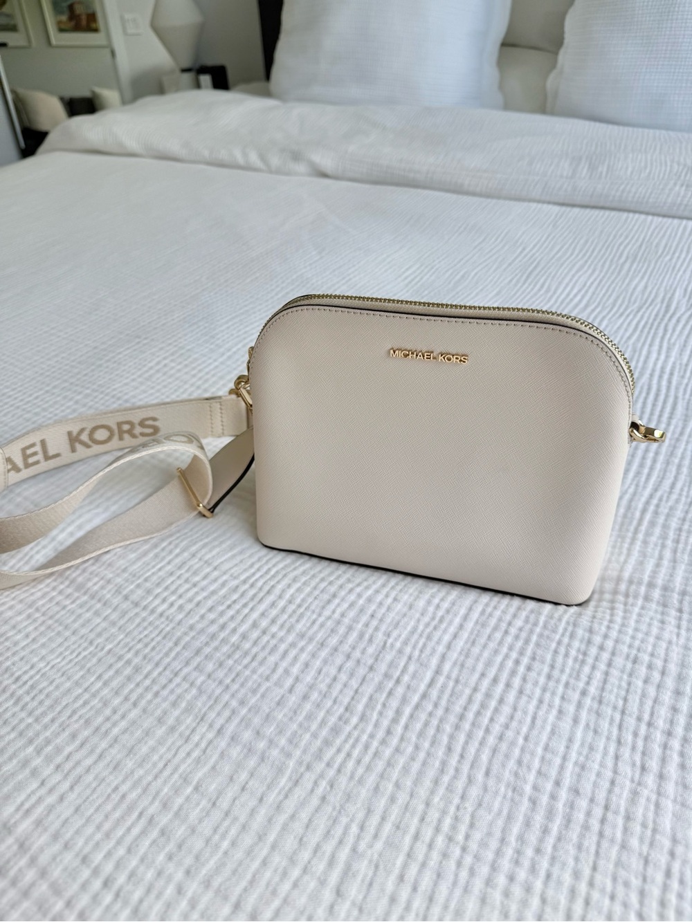 Michael Kors Ivory Saffiano Crossbody Camera Bag with Logo Strap